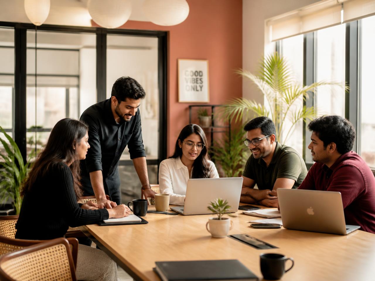 A growing startup team collaborating in a bright modern office